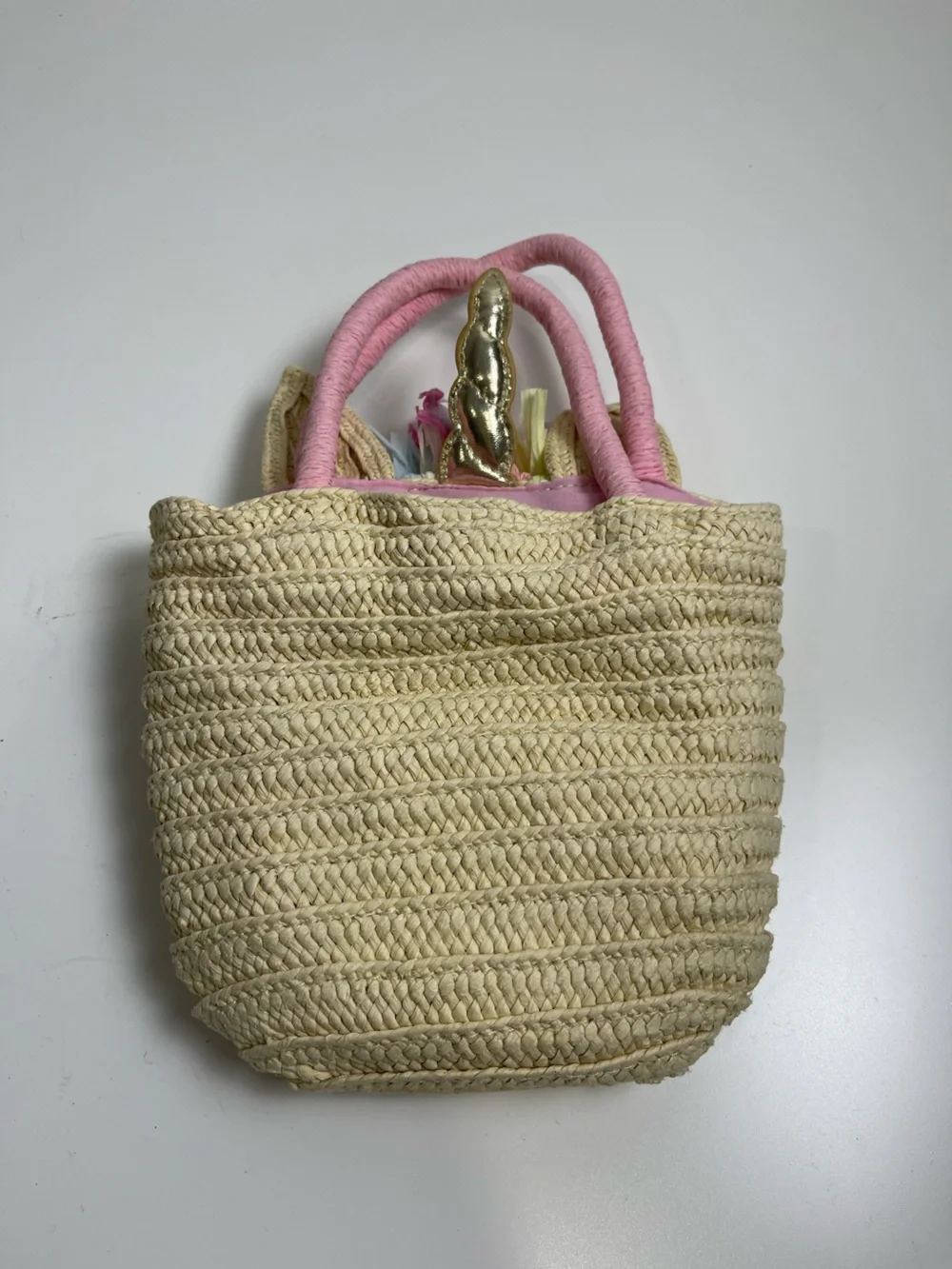 Kids Straw Unicorn Tote with Pink Pom Accent girls purse